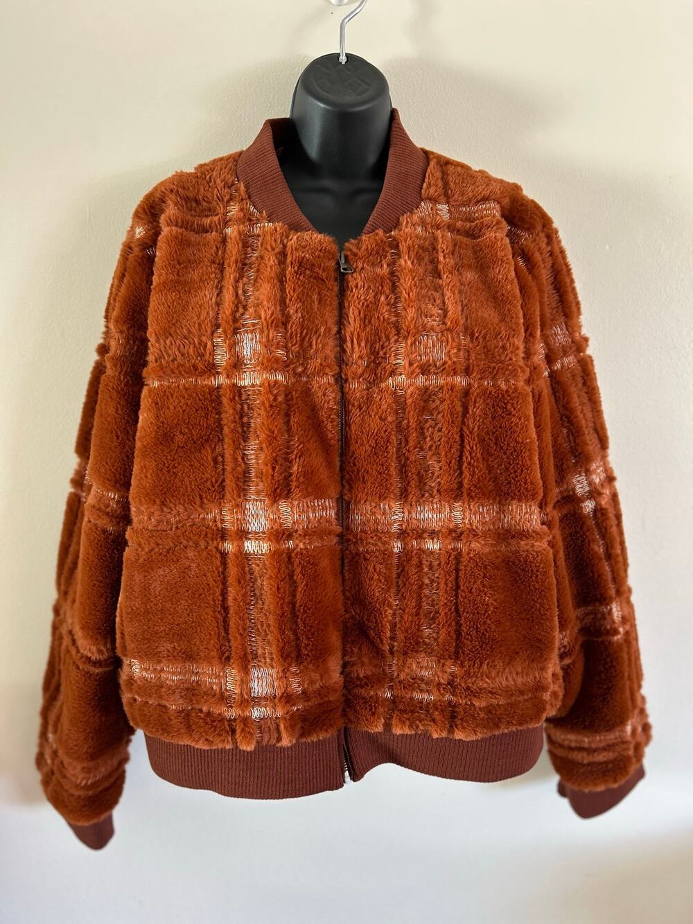By Anthropologie Faux Fur Embroidered Plaid Bomber Jacket Rust Orange XL